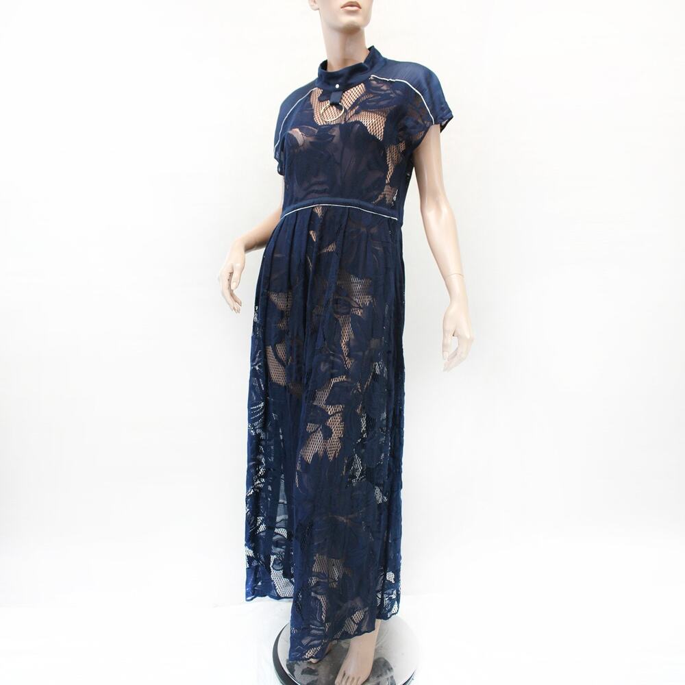 AGLINI Maxi Dress Perforated Fabric Y2K Open Back Stand Neck Modern Party 44/M